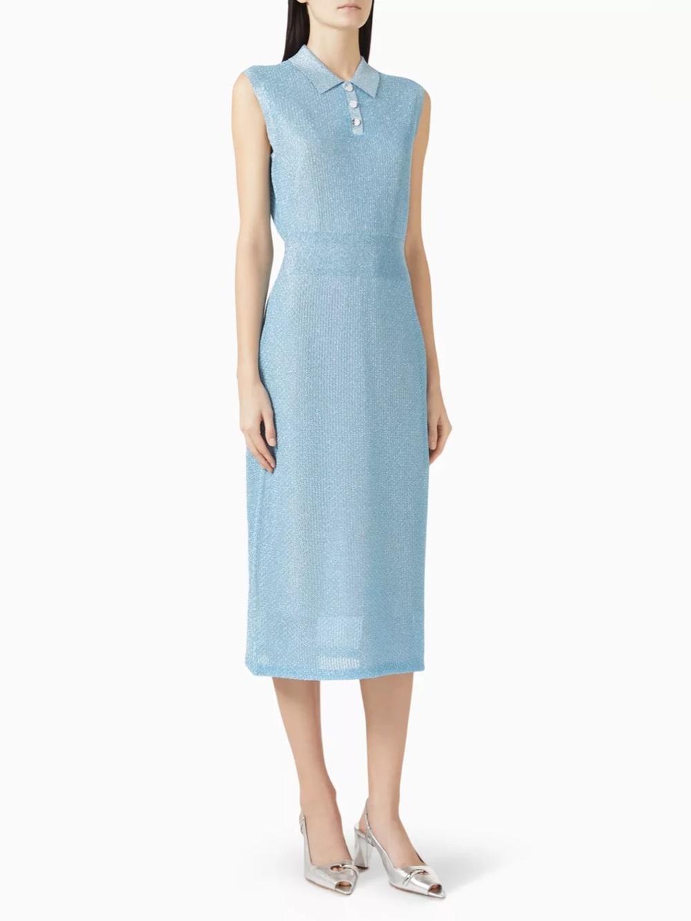 Tory Burch Starlight Blue Metallic Polo Mesh Midi Dress | Large
